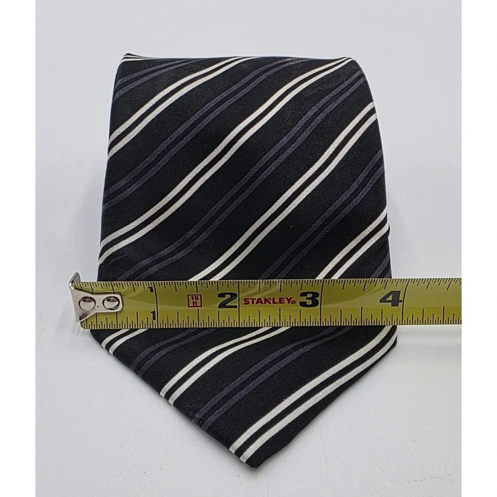 Bernini Platinum Silk Necktie Black White Grey Diagonal Stripe Hand Made NWT